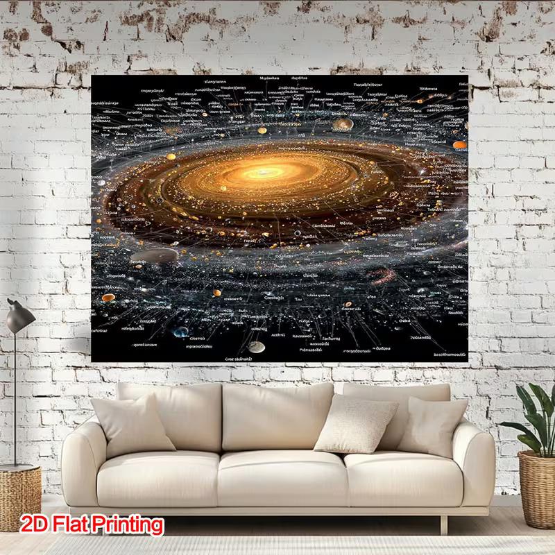 2D Space Galaxy Tapestry, Detailed Solar System with Planet Labels Background