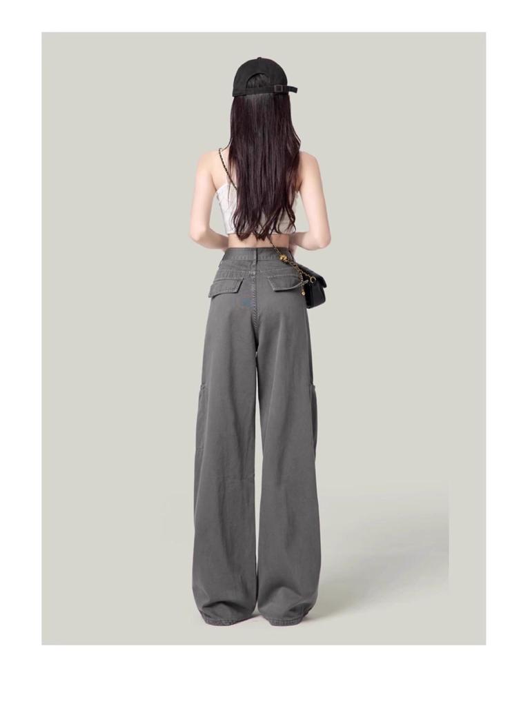 Women's Gray Wide-Leg Cargo Pants, Retro High-Waisted Slimming Jeans for Spring/Autumn 2025