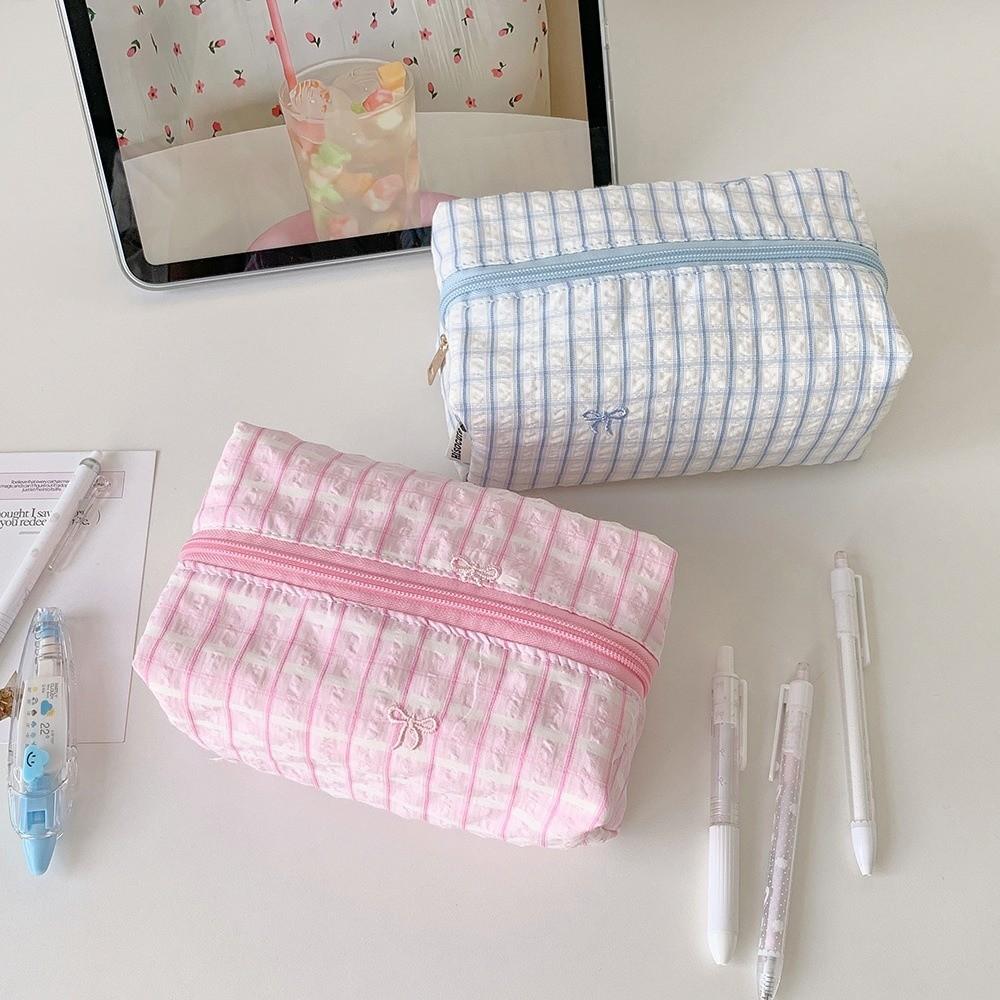 Large Capacity Cosmetic Bag Striped Bow Embroidery Pen Bag Portable Makeup Pouch