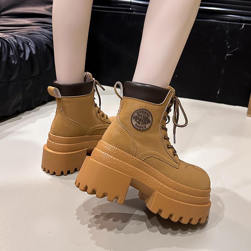 Fashion 9CM Women New Autumn Winter Leather Ankle Boots Chunky Heels Motorcycle Boots Woman Thick Bottom High Platform Short Booties