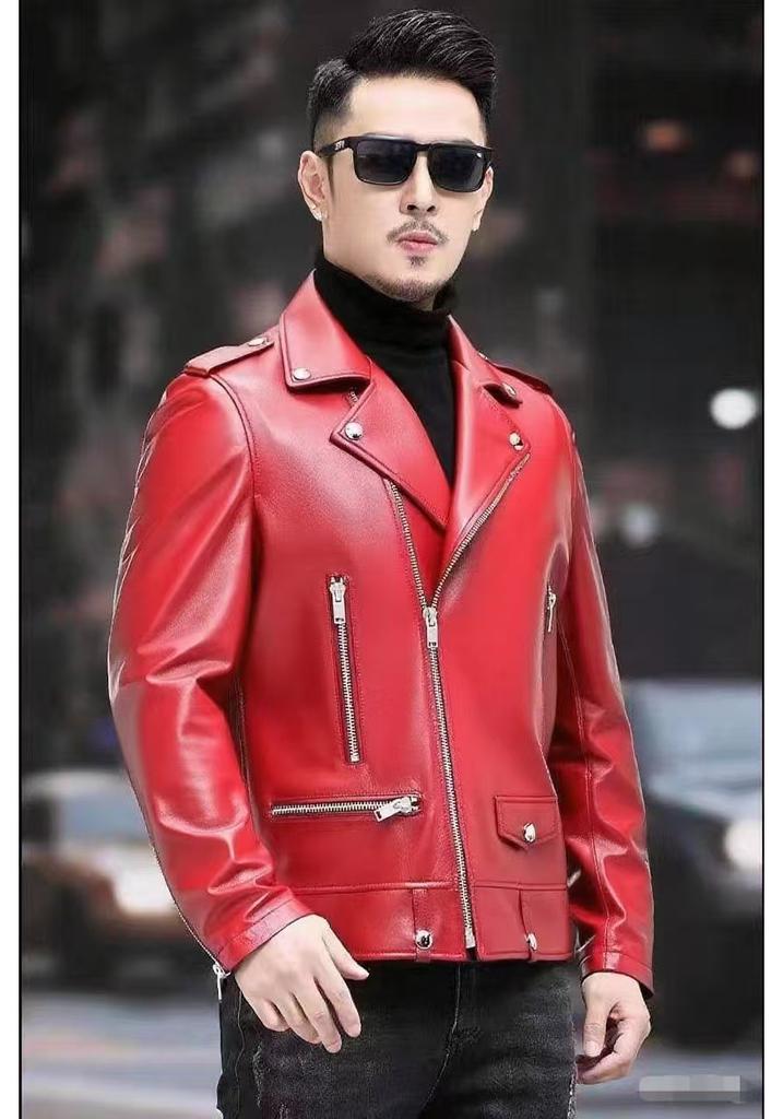 Leather jacket top-layer cowhide jacket, trendy men's fashionable biker fur jacket, urban men's short jacket