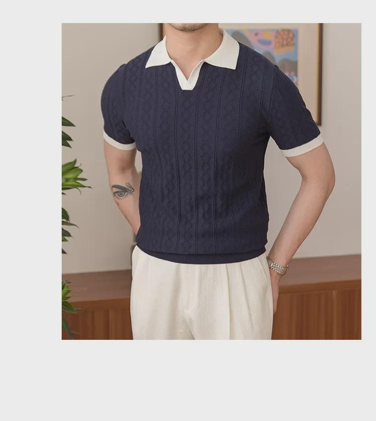 Italian Style Men's Slim Fit Polo - Summer Breathable, Trendy, V-Lapel, Jacquard Knit Short Sleeve