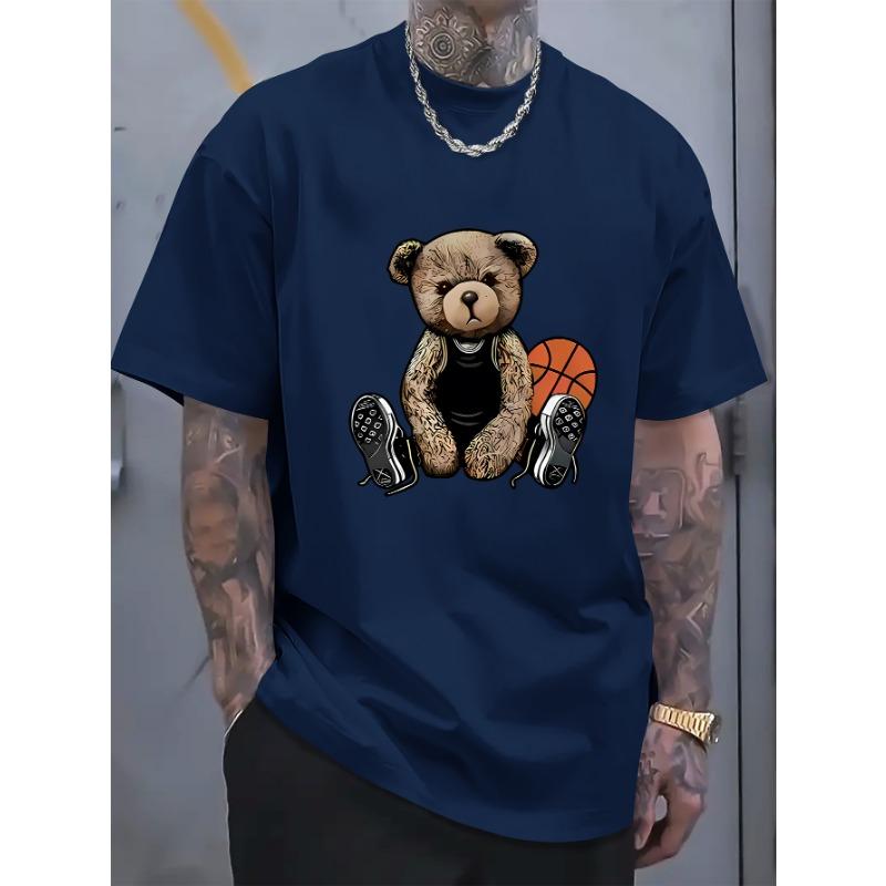 Herren Sommer Mode Lustiger Basketball Bär Druck Bequemes Atmungsaktives Rundhals T-Shirt Outdoor Lässiges Oberteil