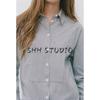 Autumn New Women clothes French style Casual Loose Single Row Multi-Buckle Long sleeve Lapel Stripe Shirts 9479260