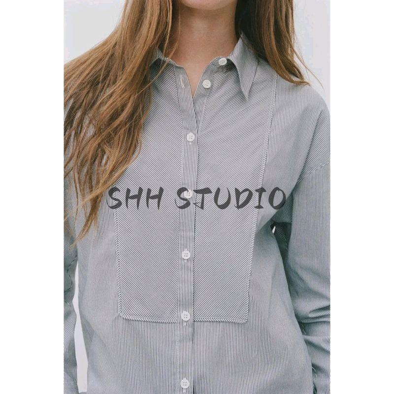 Autumn New Women Clothes French Style Casual Loose Single Row Multi-Buckle Long Sleeve Lapel Stripe Shirts 9479260