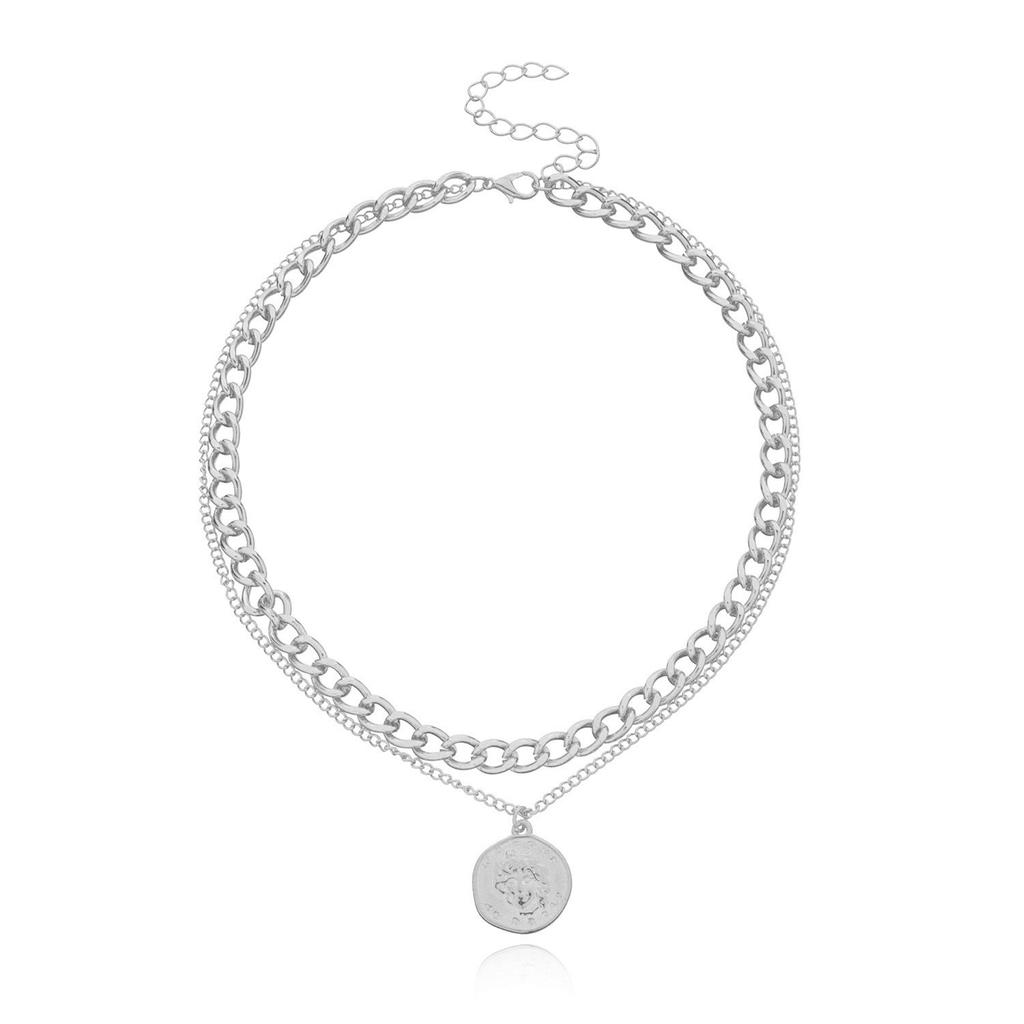 Round geometric queen head pendant necklace female, fashionable and simple temperament double-layer necklace
