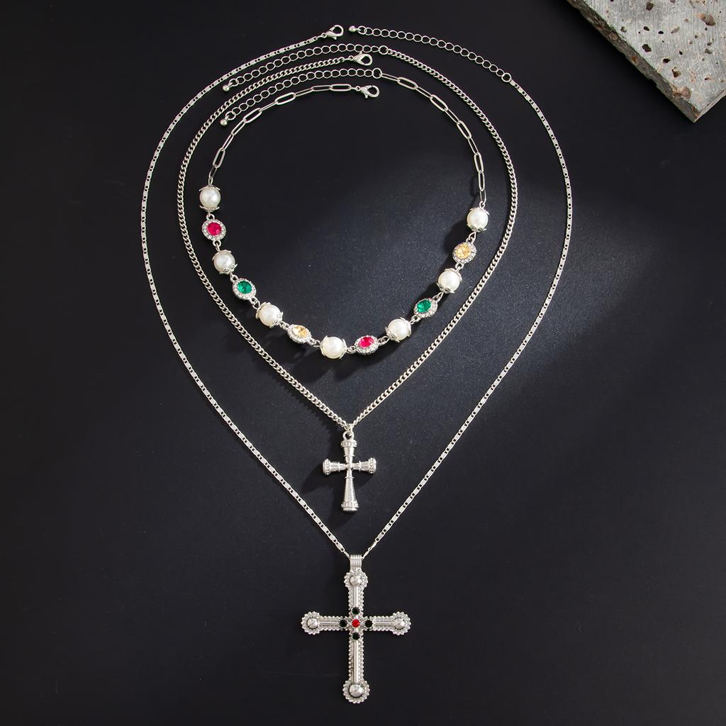 Personalized Diamond-Set Cross Stacked Necklace Female, Sweet And Cool Love Gemstone Imitation Pearl Chain Necklace