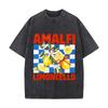 Amalfi Limoncello Lemons Citrus Flowers Blue Checkerboard Ribbon Washed Vintage Short Sleeve Loose Streetwear Tee