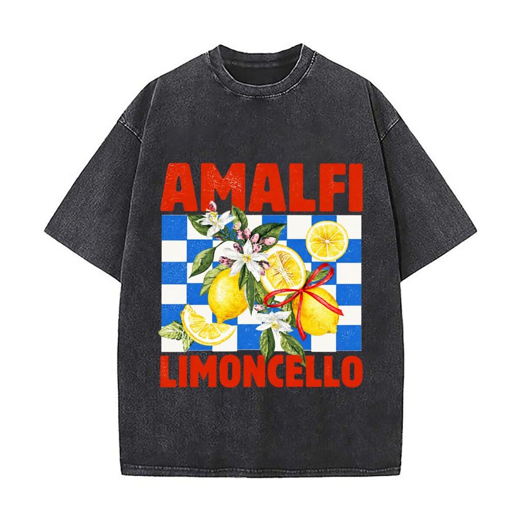 Amalfi Limoncello Lemons Citrus Flowers Blue Checkerboard Ribbon Washed Vintage Short Sleeve Loose Streetwear Tee