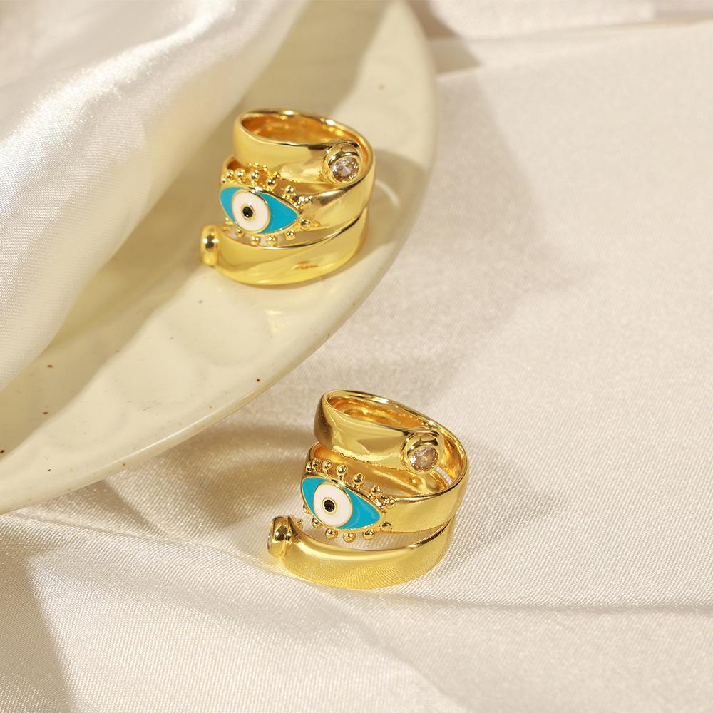 Women's 14K Gold Geometric Ring with Zirconia Devil's Eye for Index Finger - Trendy Spring Design