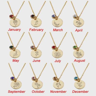 Personalized European & American Style Birthday Necklace with Stainless Steel Birth Flower & Birthstone Pendant