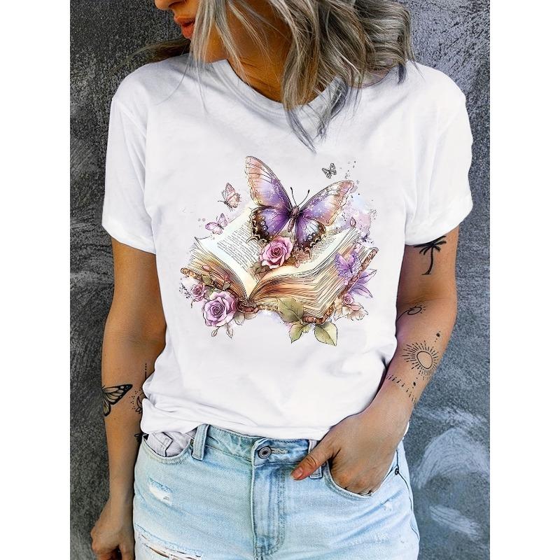 

European Size Butterflies And Books, Reading Day Print Crew Neck T-shirt, Casual Fashion Short Sleeve T-shirt, Micro-Elastic, S белый
