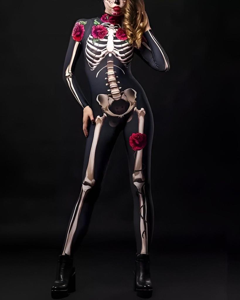 Kids Womens Halloween Costume Skeleton Cosplay Bodysuit Skinny Catsuit Jumpsuit