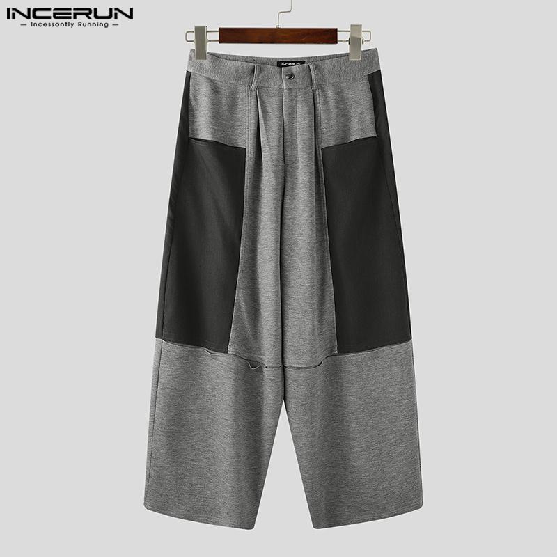 INCERUN Oversized Men Zipper Waist Pockets Stitching Wide Leg Pants Casual Long Trousers