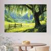 2D Party Backdrop Idyllic Countryside Tapestry, Willow Tree Over Wildflower Meadow