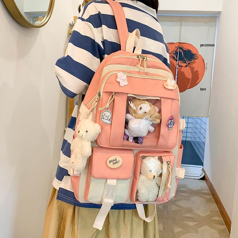 INS High School Durable Five-Piece Backpack Set for Girls - Large Capacity, Double Shoulder Bag for Junior and Middle School Students