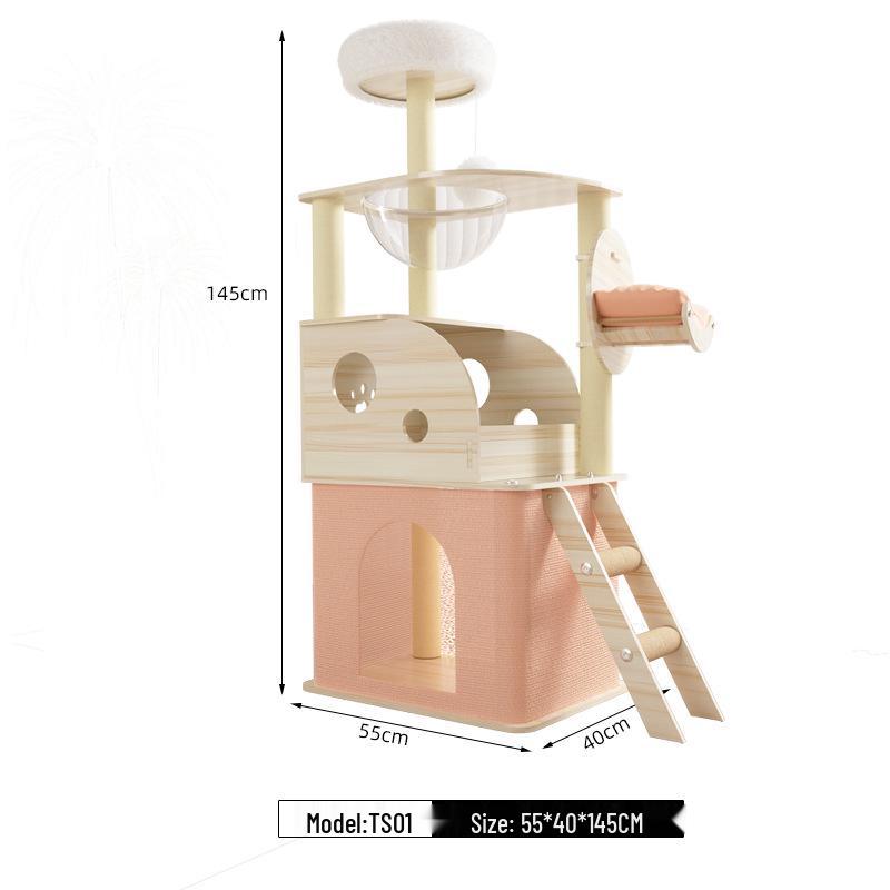 Large Wooden Cat Tree & Scratching Post with Space-Saving Design - Integrated Climbing Frame & House