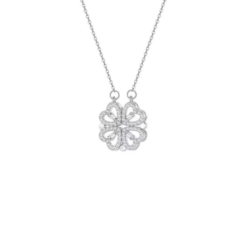 Four-Leaf Clover Multi-Wear Folding Clavicle Necklace with Full Diamond Love Design