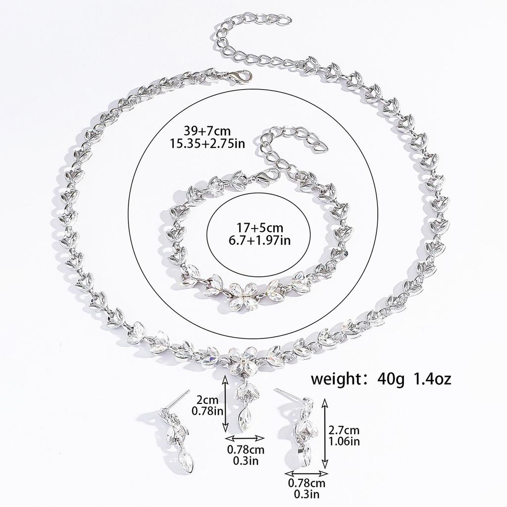 4-teiliges Damen-Set aus schlichtem Legierungs-Zirkon-Blütenblatt-Halskette, Ohrringen, Armband und Zirkon-Set, geeignet für Hochzeit, Party, Festival, Geschenke-8485