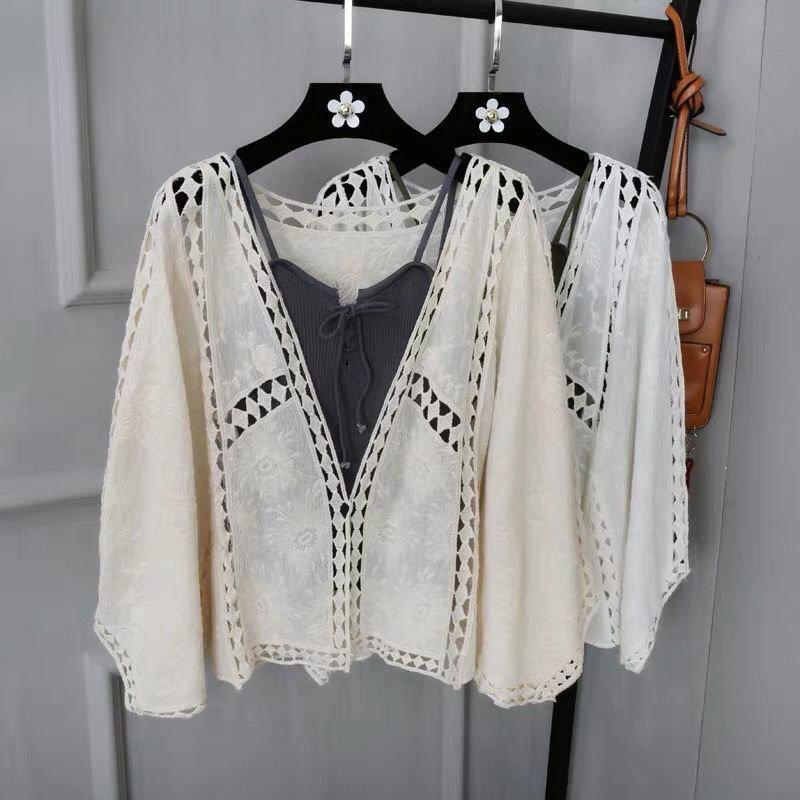 DX- MS64-Spring and Summer Cotton Embroidery Lace Cardigan Short Bat Sleeve Loose Shawl 7 Split Sleeve Air Conditioner Sunscreen Clothes Cover Female