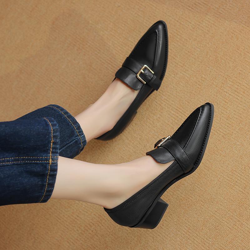 Fashion Vintage Thick Heels Women Pumps Retro Buckle Genuine Leather Mature Pointed Toe Office Lady Working Spring Summer Shoes Woman