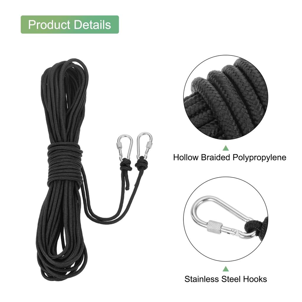 uxcell Hollow Braid Polypropylene Anchor Rope with Hook, 1/4" 66 Feet Nylon Floating Line, Lifeboat Anchor Rope for Marine Pools, Black