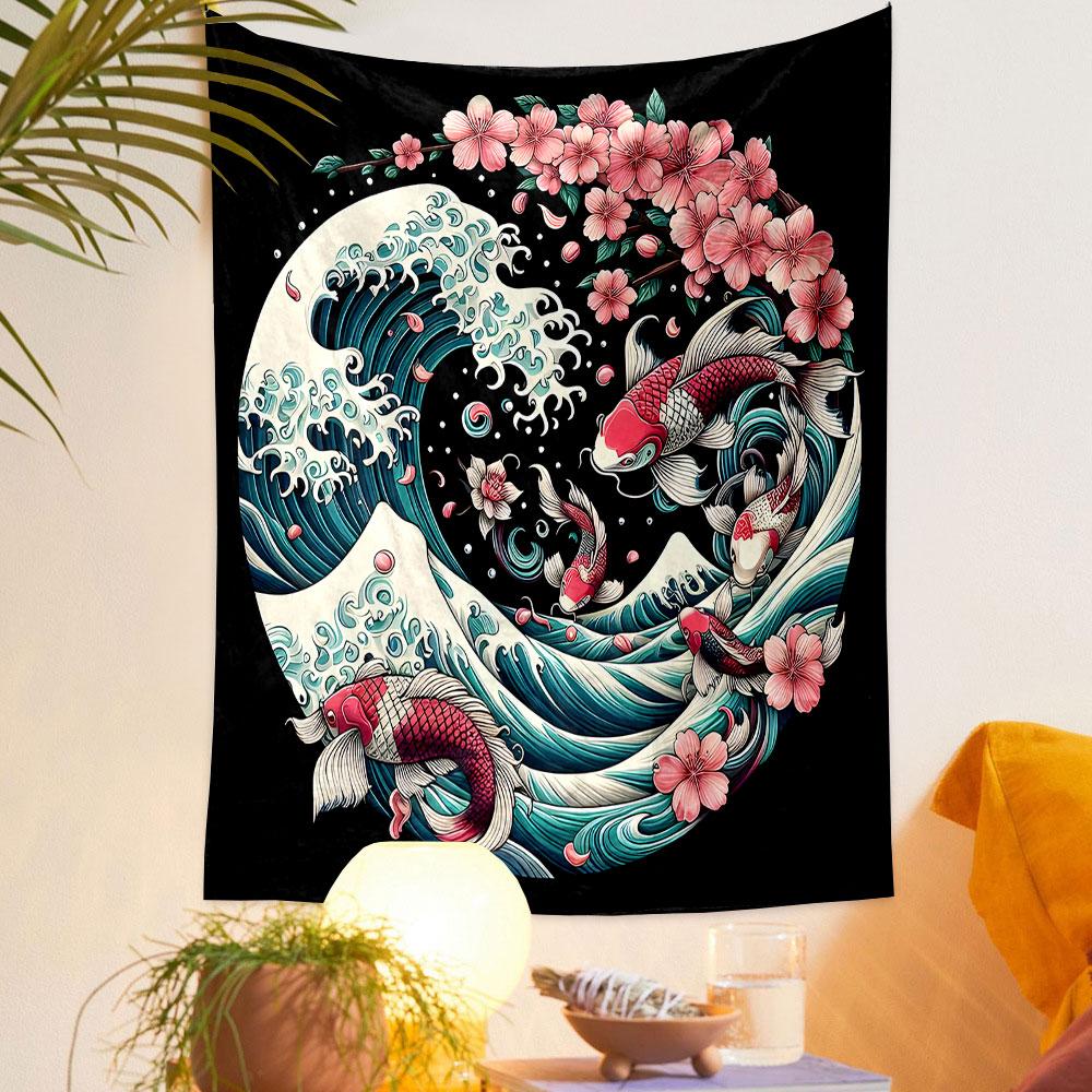 Koi Fish and Cherry Blossom Waves Design Patterned Tapestry Decorative Wall Hanging, Home Bedroom Living Room Decor