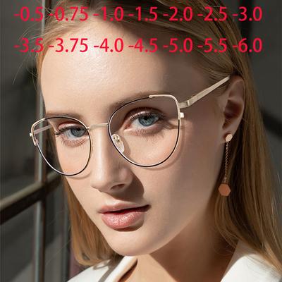 Anti Blue Rays Spring Leg Cat Eye Minus Lens Prescription Spectacles Frame Women Metal Short-sight Eyewear 0 -0.5 -0.75 To -6.0