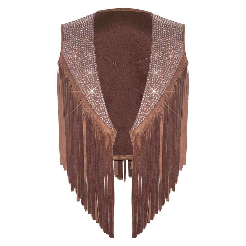 Children‘s Cowboy Fringed Vest Sparkling Rhinestones Sleeveless Open Front Waistcoat for Stage Performance Rodeo Party