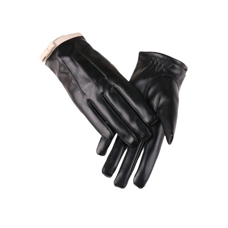 New Autumn and Winter Women's Leather Gloves for Warmth and Velvet Cold Protection Outdoor Fashionable Bows and Cold Touch Screen Leather Gloves