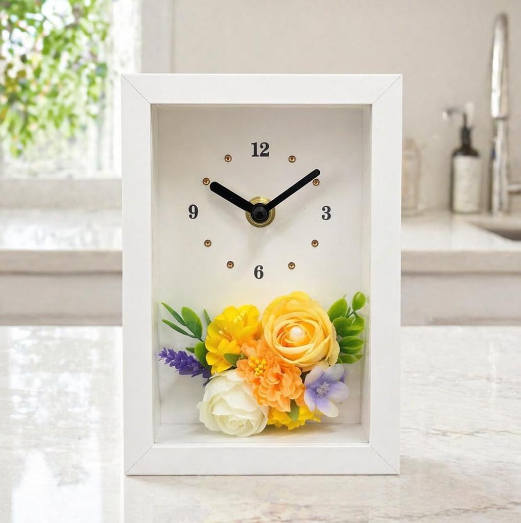 Petit Fleur Flower Clock Table Clock Arrangement 12 X 17cm White Frame Gift Flower Clock - Clock/Wall - - - - (Vitamin Colors)
