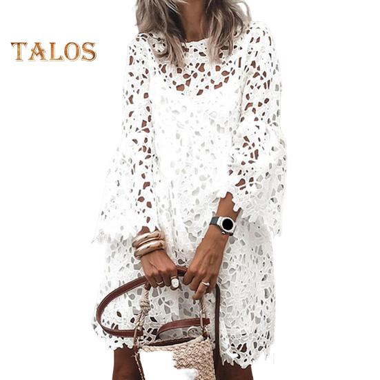 

Осень-весна женское платье с полым кружевом и цветочной вышивкой с круглым вырезом, двухслойное с длинными рукавами, однотонное свободное этническое платье миди L белый