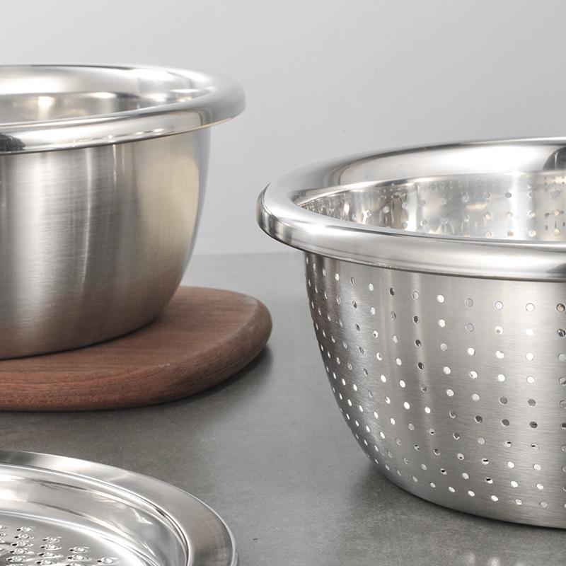 3-in-1 Stainless Steel Kitchen Set: Vegetable Washing Basin, Drain Basket, Grater, and Rice Sieve.