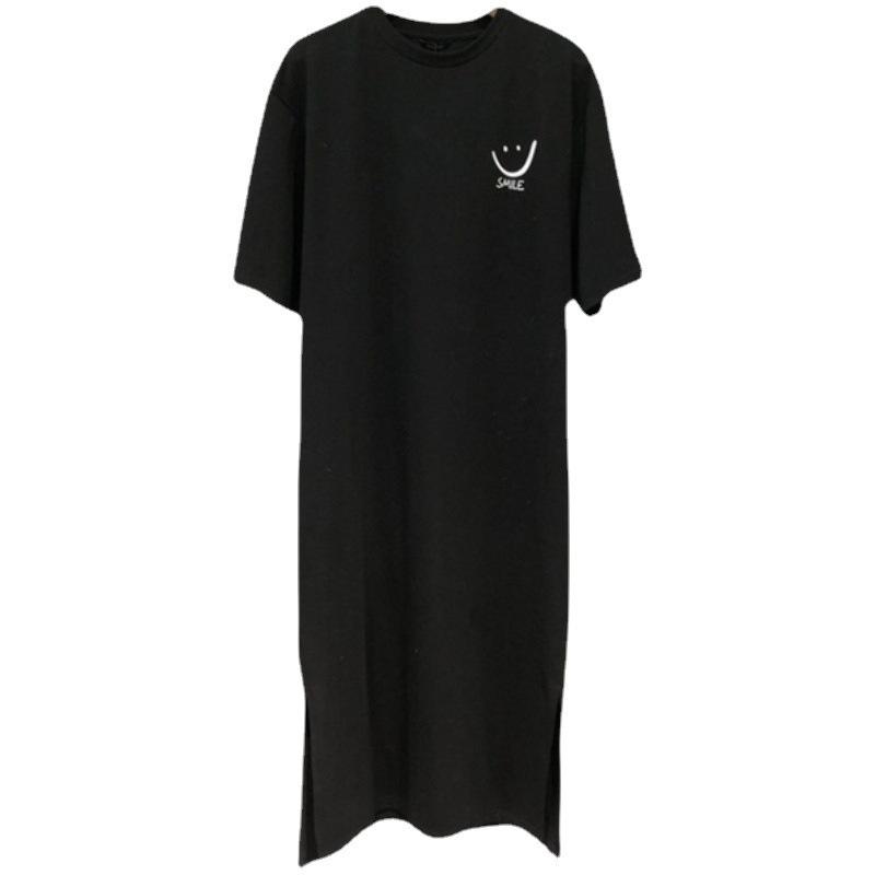 Summer Versatile Short-sleeved Loose A-line Skirt Round-neck Printed Slit Midi Dress T-shirt Women’s Fashion