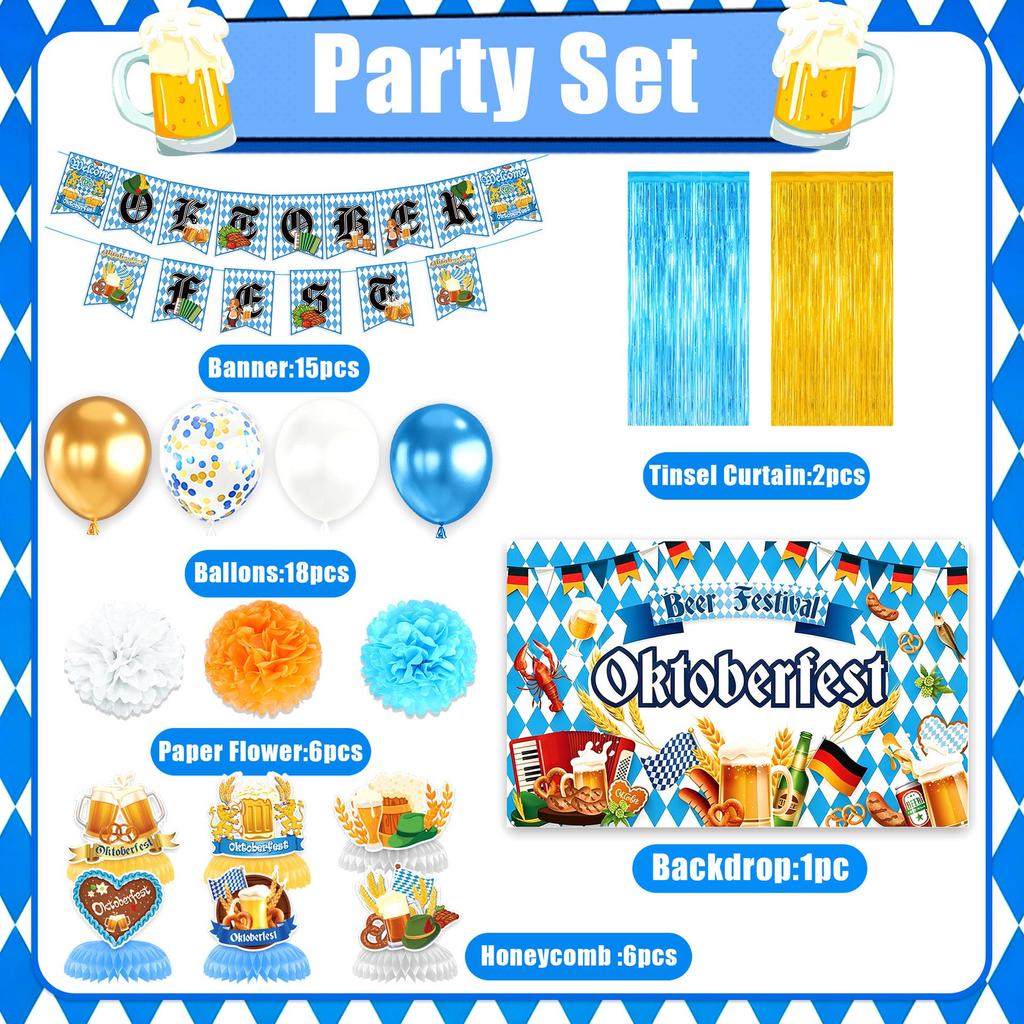 Germany Oktoberfest Party Set: Tableware, Banner, Balloons, Honeycomb Decorations