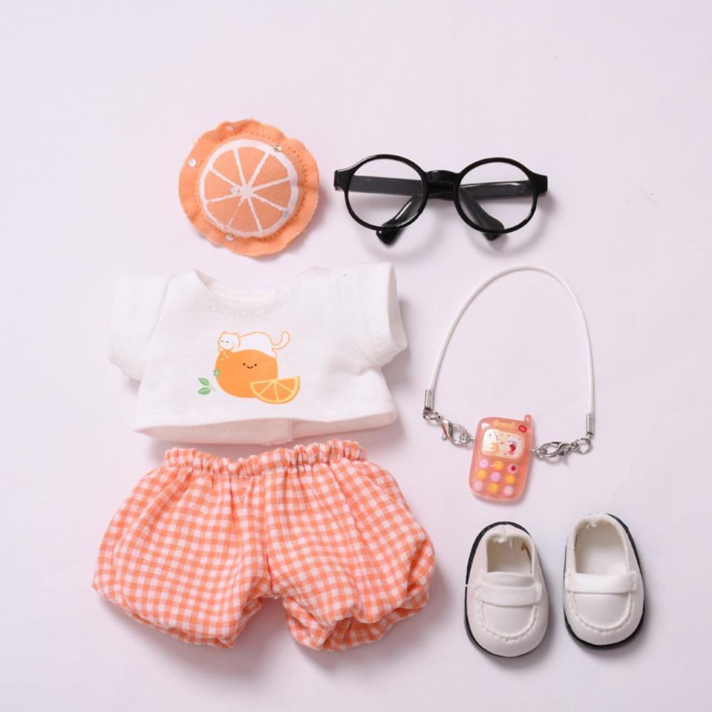 Orange Sitting Labubu Time Cloth Plaid Pants 17cm Plush Dolls Clothes  Kids Girls Toys