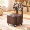 Movable Upholstered Low Stool with Wheeled Base Mobile Rolling Backrest Soft Seating