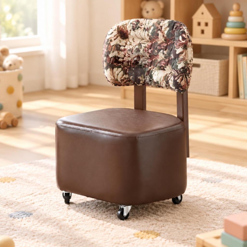 Movable Upholstered Low Stool with Wheeled Base Mobile Rolling Backrest Soft Seating