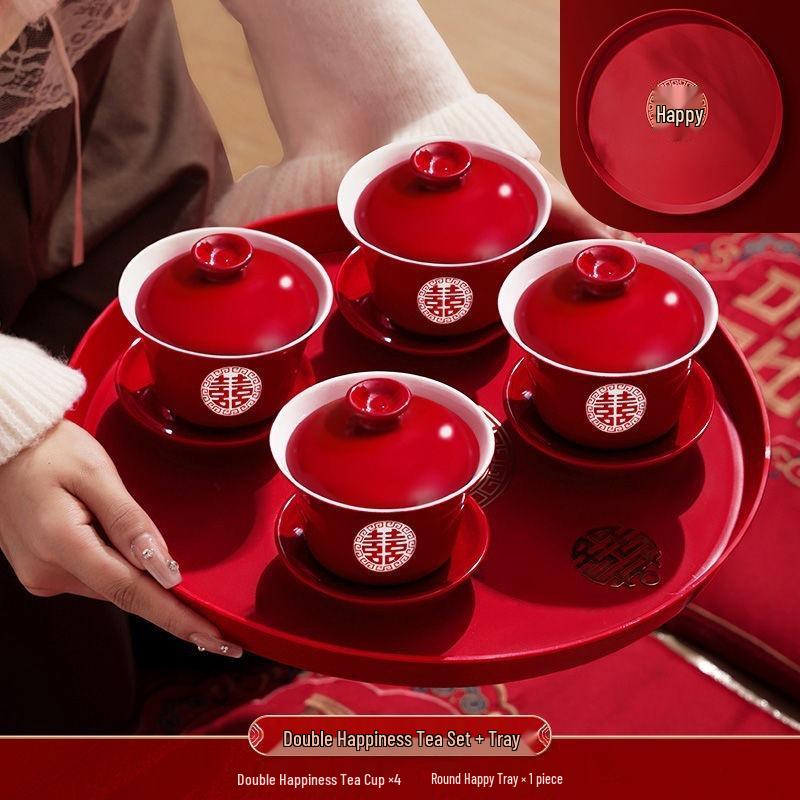 Wedding Red Tea Set: Happy Bowls, Cups, & Chopsticks Duo for Toasting & Dowry Collection