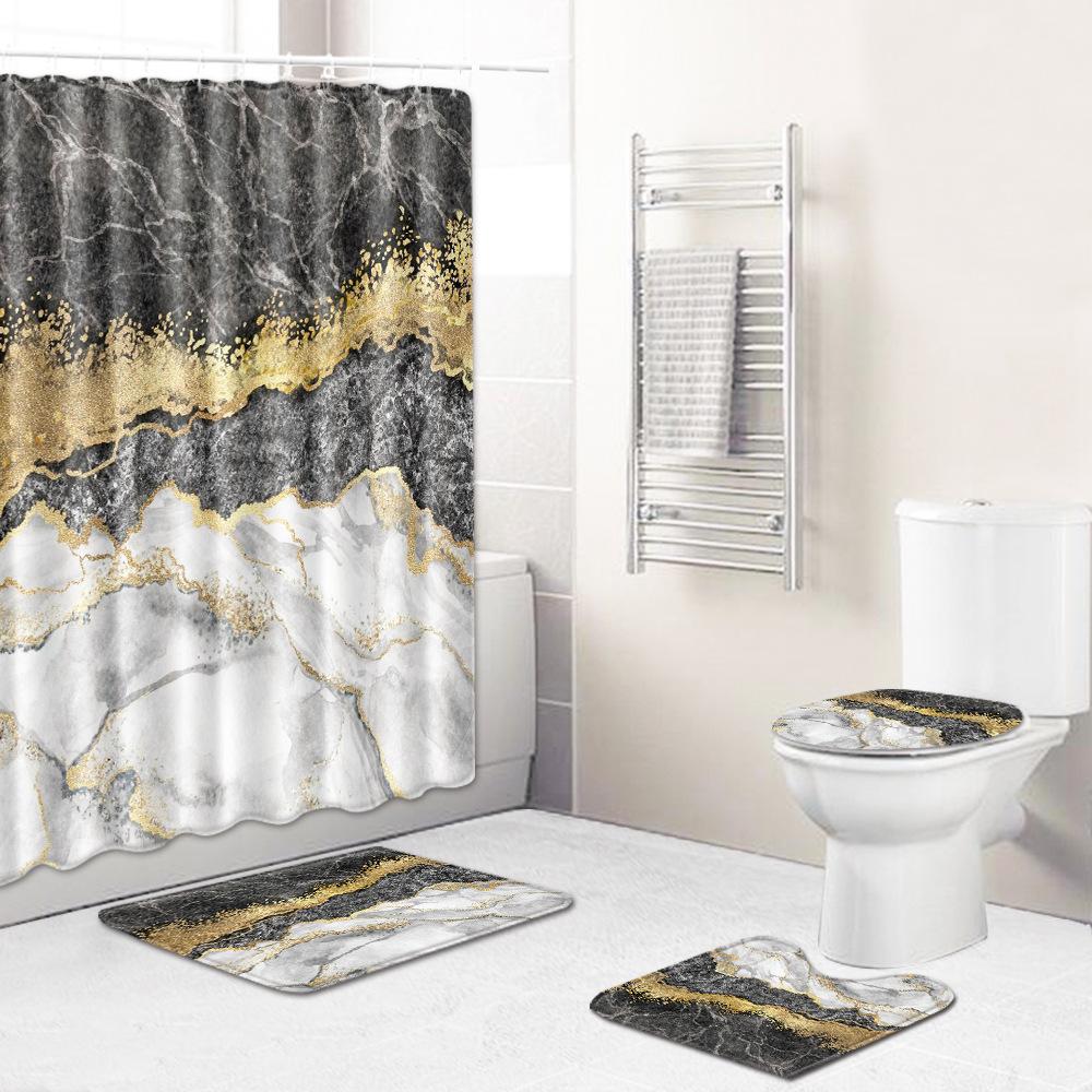 Marble Texture Printing Bathroom Non-Slip Floor Mat Shower Curtain Combination Carpet European And American Style