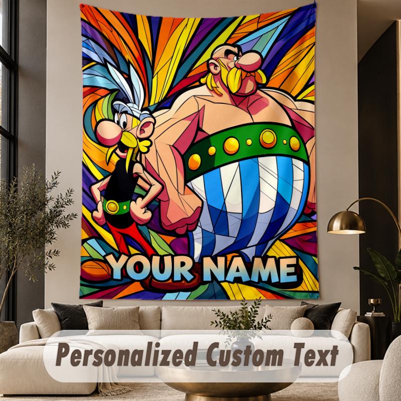 Custom Text Printed Tapestry Asterix & Obelix Pattern Large Wall Hanging Indoor Room Decor