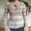 Women's V Neck Long Sleeve Horizontal Stripe Slim Fit Flared Cuff Knit Sweater Top
