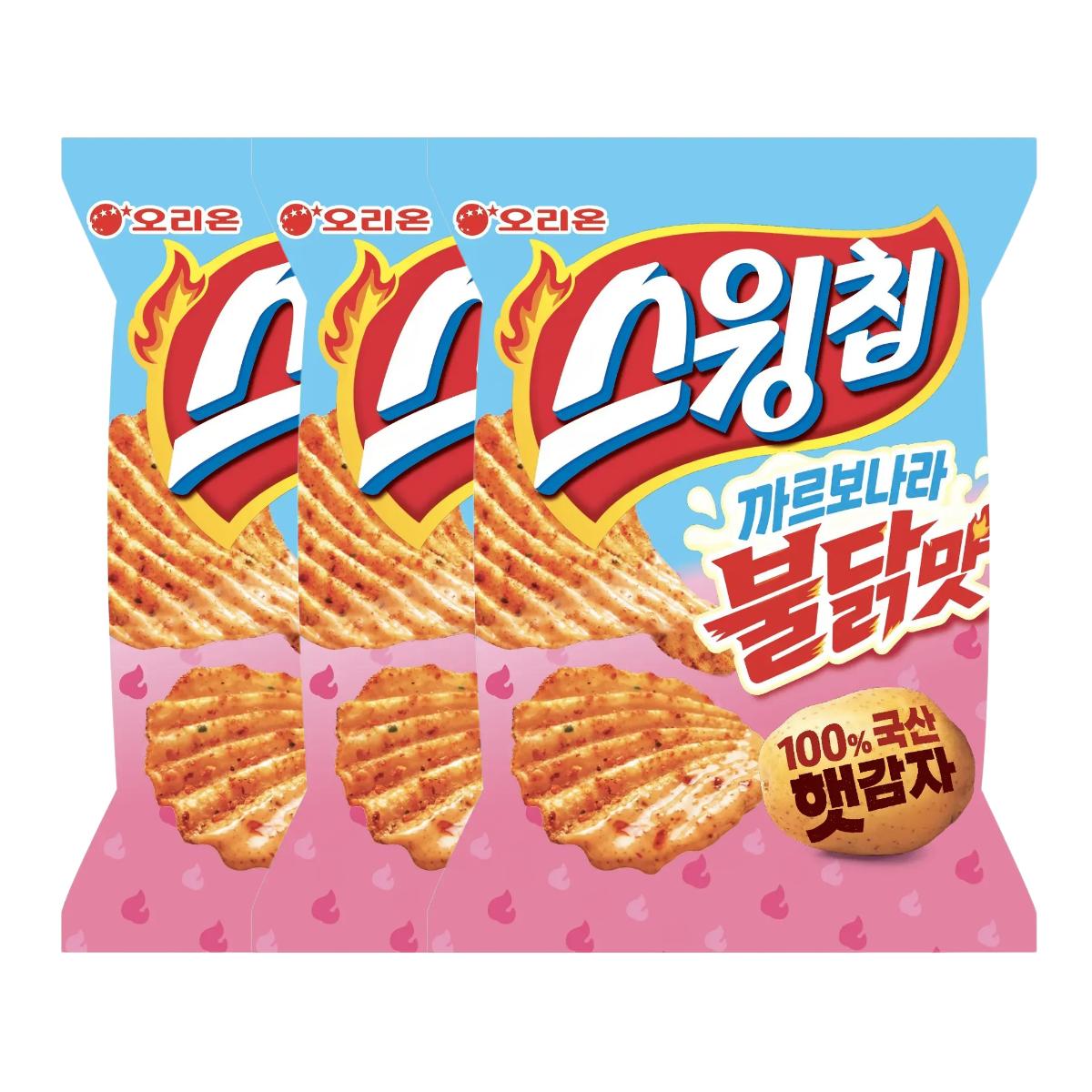Orion Swing Chips Carbonara ízű Buldak ízesítésű Ropogós Burgonyaszirom 55g (3 db-os csomag) blue