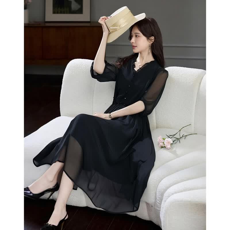 Demana Elegant Ruffle V-Neck Puff Sleeve A-Line Midi Dress XL