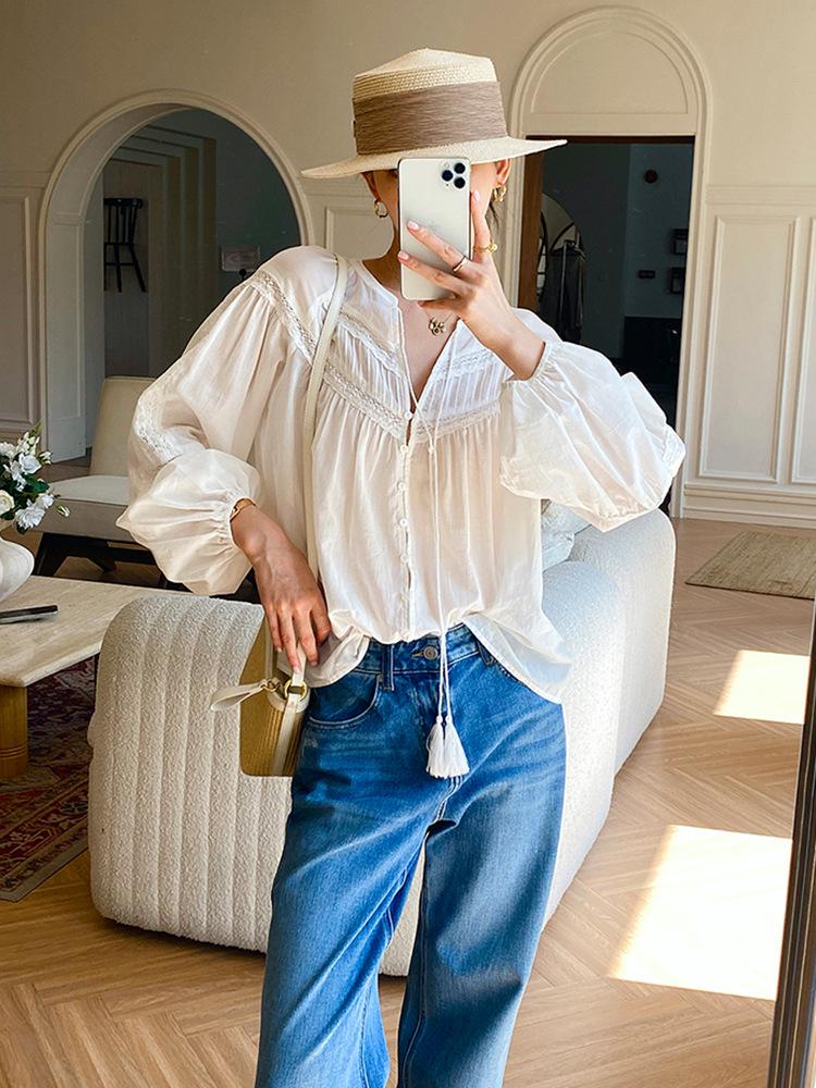 

Women s Long Sleeve French Design White Autumn Top M белый