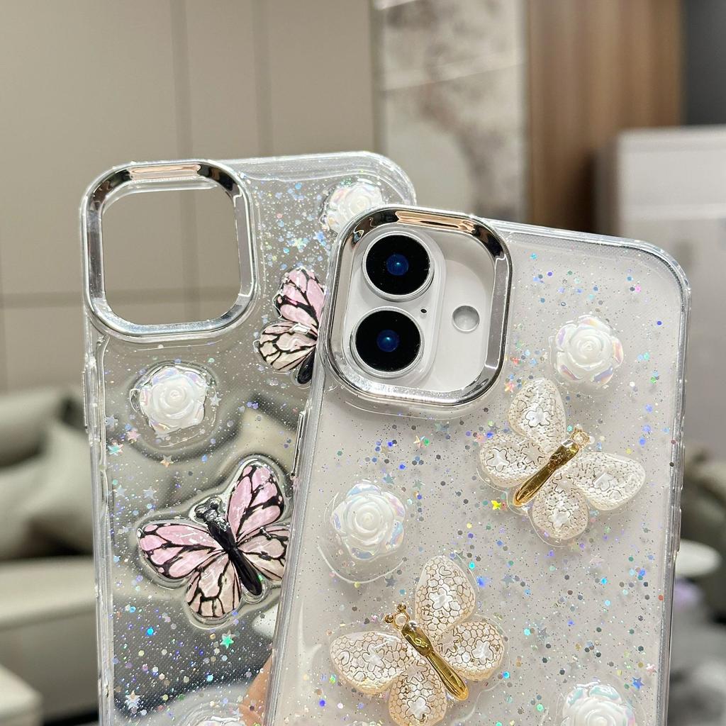 Three-color Crystal Butterfly Case Apple 16E Mobile Phone Case Epoxy for iPhone17/15/14 Internet Celebrity Mobile Phone Case