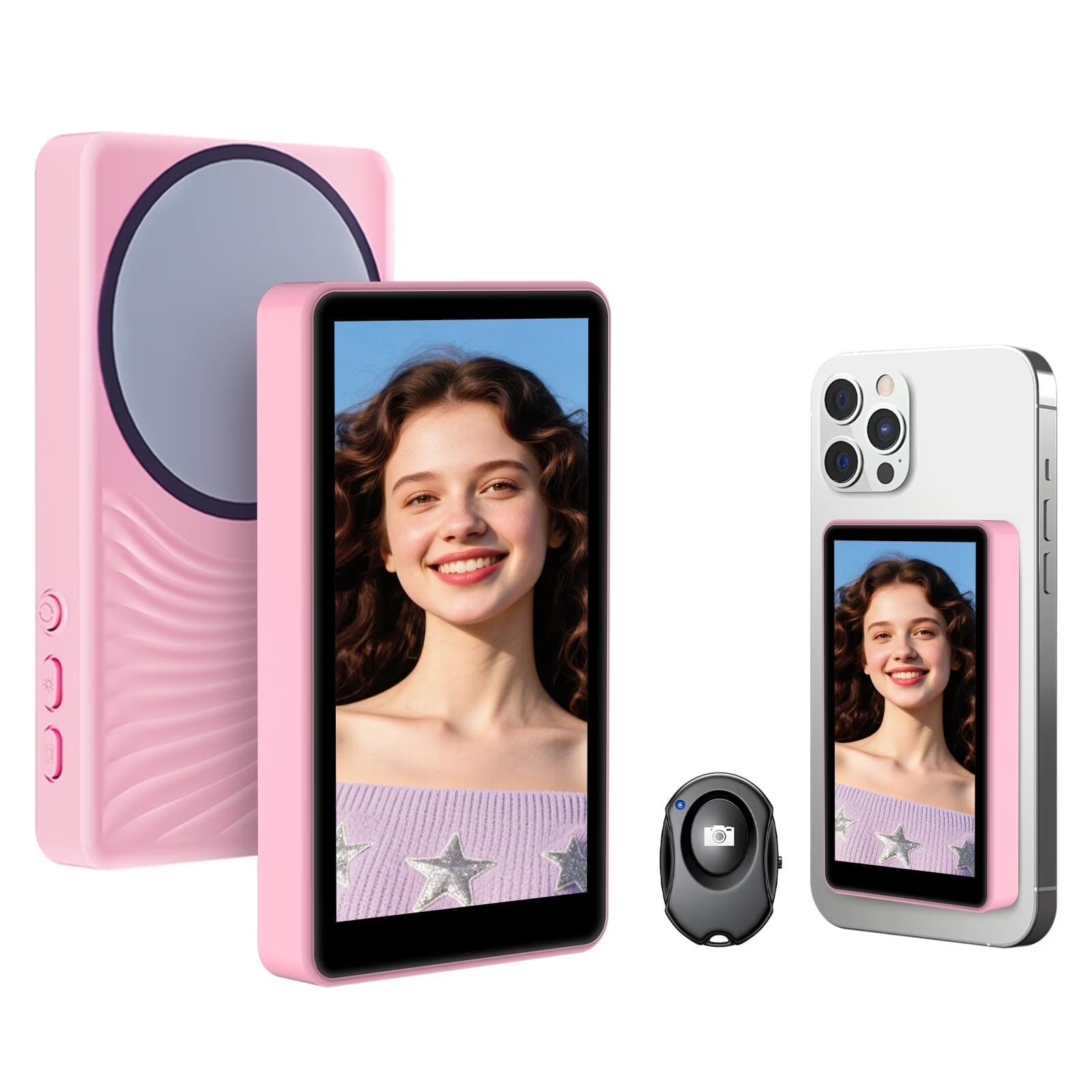 

Екран монітора для селфі-влогу 4k 30fps, Bluetooth-пульт, Монітор задньої камери телефона для селфі, влогу, прямої трансляції рожевий