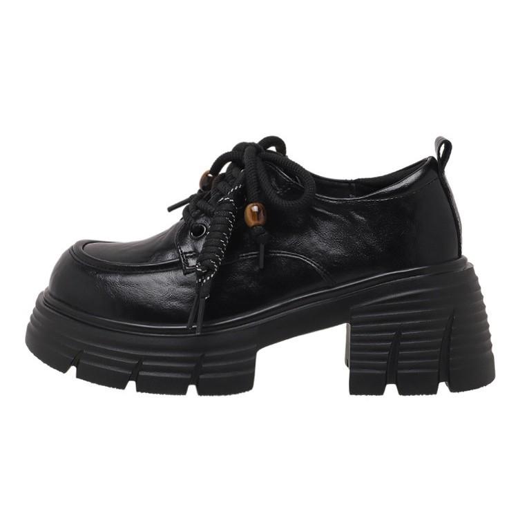 2025 Autumn New Thick High-heeled Loafers Women's Black Platform-soled Lace-up British Style College Jk Retro Small Leather Shoes