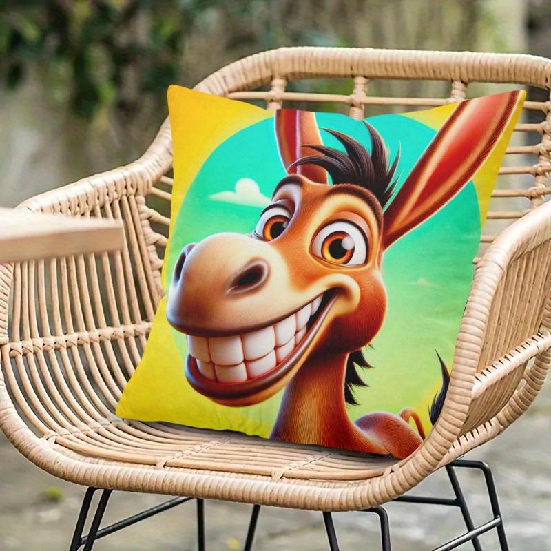One Cushion Cover Featuring A Cheerful Donkey, Designed With A Festive Theme. It Has A Hidden Zipper And Is Suitable For Sofas,