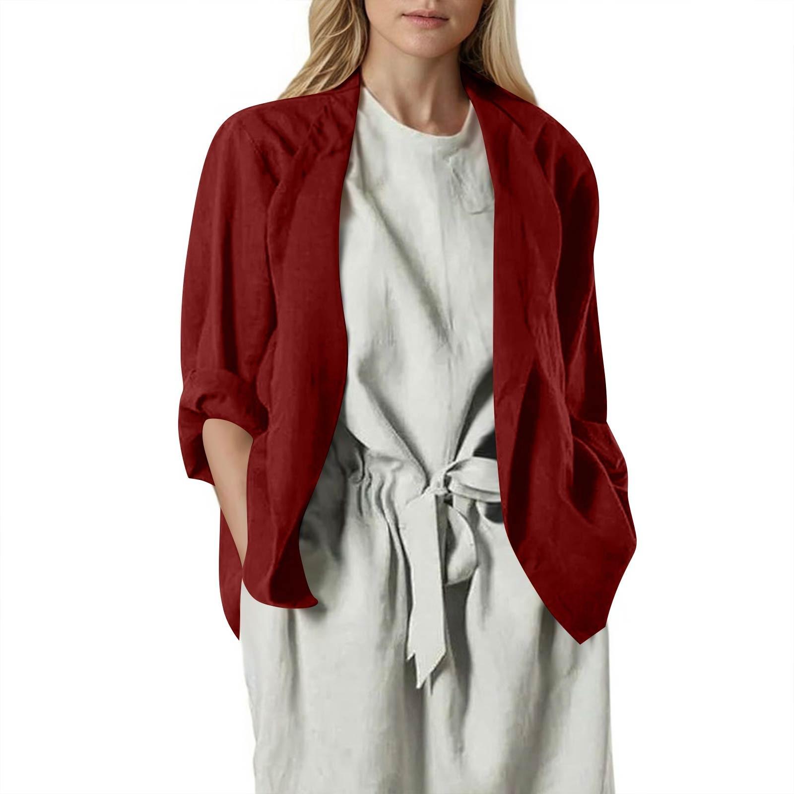 

Women’s Open Front Lightweight Blazer Relaxed Fit Three Quarter Sleeve Casual Linen Jacket for Work or Daily Wear XL винний
